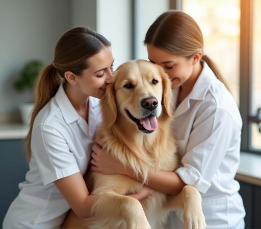 Groomers cuddling a freshly washed golden retriever in a modern, clean grooming salon.