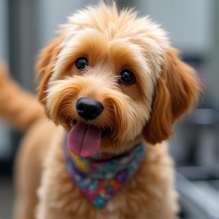 Milo the Cavapoo with a bandana after a full grooming, tail wagging.