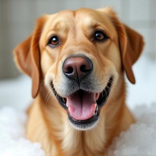 Max the Labrador retriever grinning during a bubble bath.