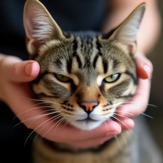 Olive the tabby cat being cuddled by a groomer, looking calm and content.