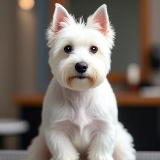 Sam the West Highland White Terrier with a neat breed clip, sitting on the salon table.
