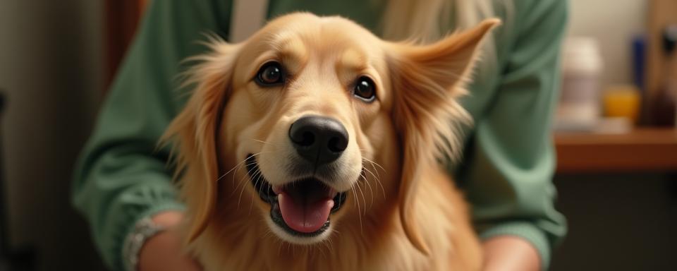 A smiling dog being pampered by a friendly groomer at The Grooming Parlour.