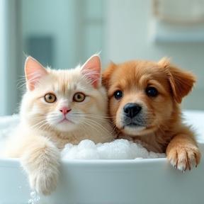 Cat and dog enjoying a luxurious, soothing, hypoallergenic bath.