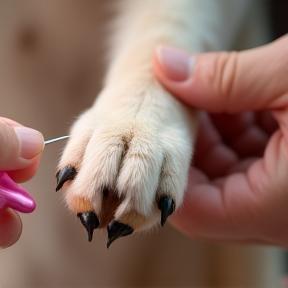 Close-up of pet’s paw receiving gentle nail trim and paw balm.